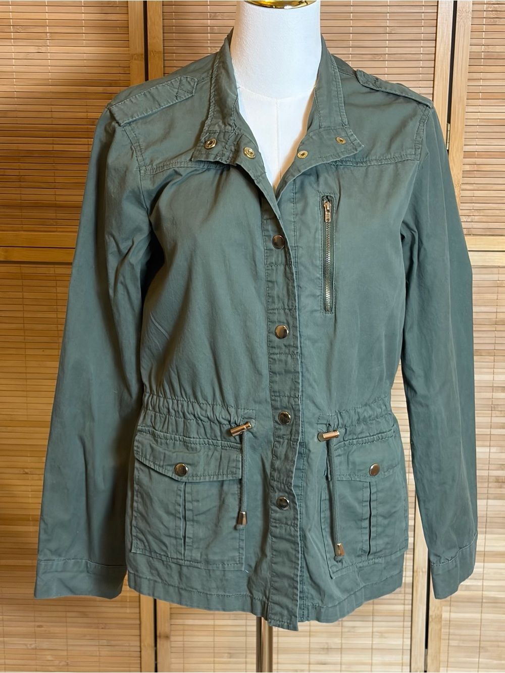 Women's Military Jacket Utility Cargo  M Drawstring Waist Olive Green